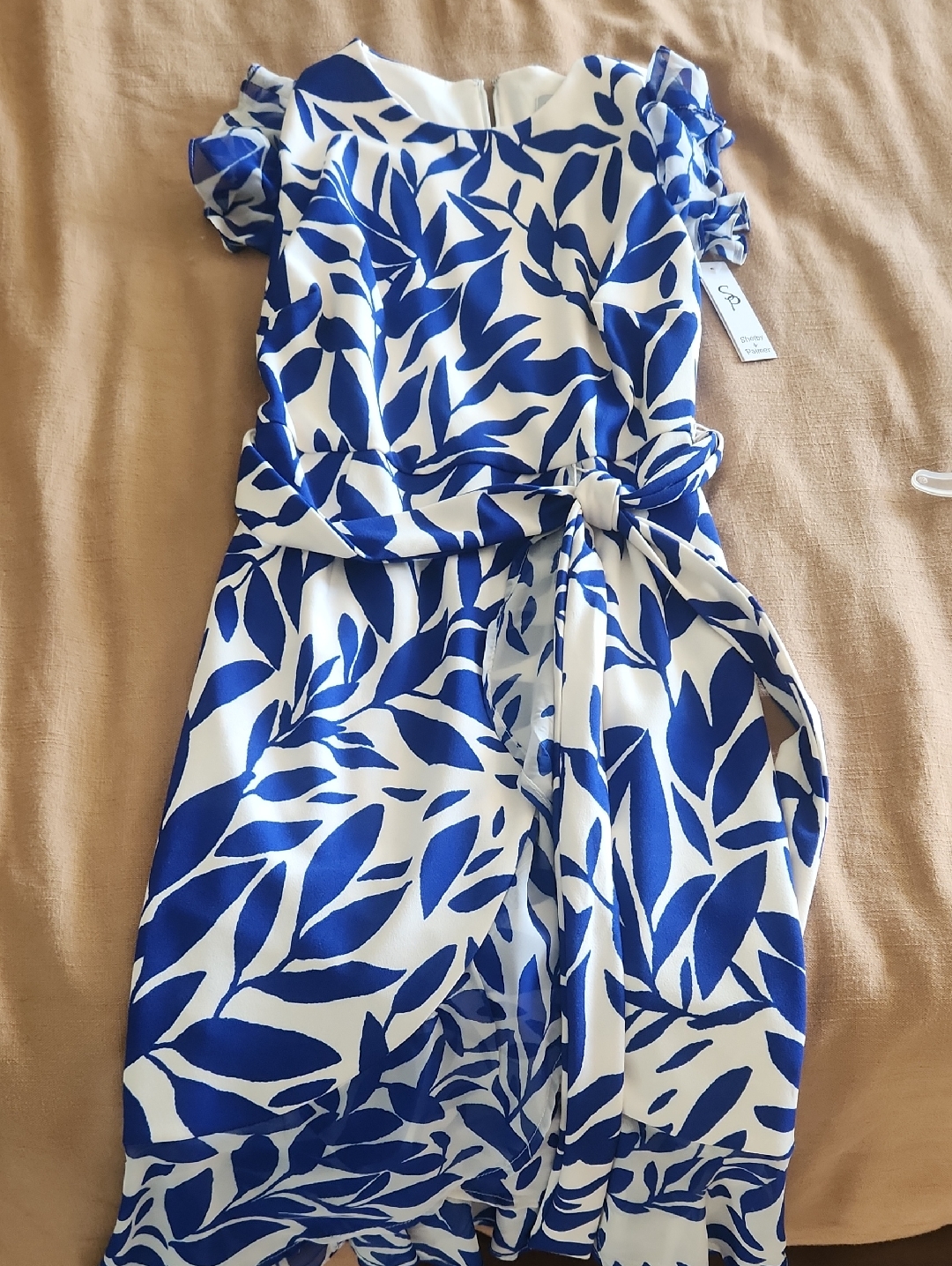 Shelby & Palmer White And Blue Leaf-Print Midi Dress